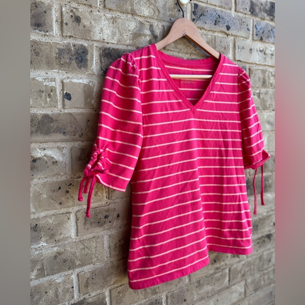 Talbots Fun Raspberry Peach Stripe Tise Sleeve V-… - image 3